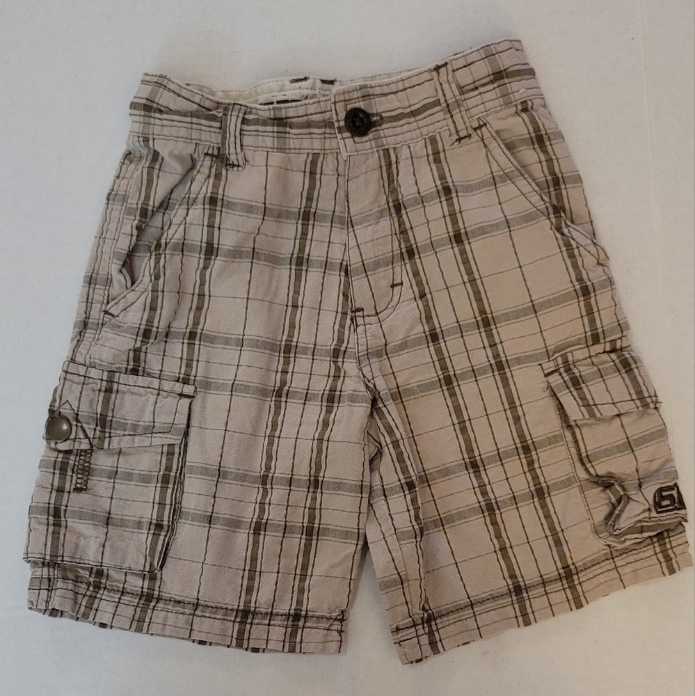 Skechers plaid Cargo shorts adjustable waist pockets brown tan